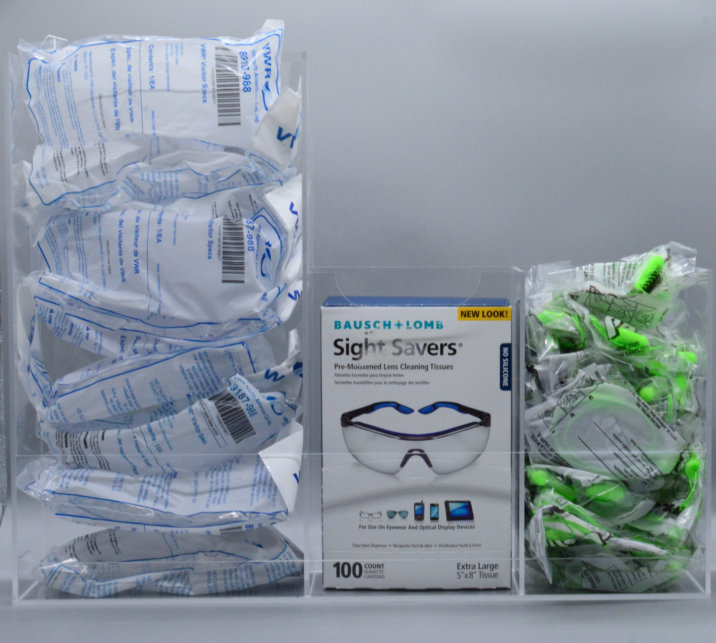 Combination Safety Glasses, Anti-fog wipes and Earplugs Organizer and Dispenser